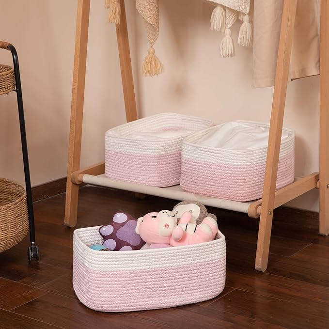 Storage Baskets for Organizing 3 Pack, Woven Baskets for Shelves, Closet Organizer Bins Empty Gift Basket Toy Storage for Toys, Books, Towels, Clothes, 15"x11.42"x6.7", Pink