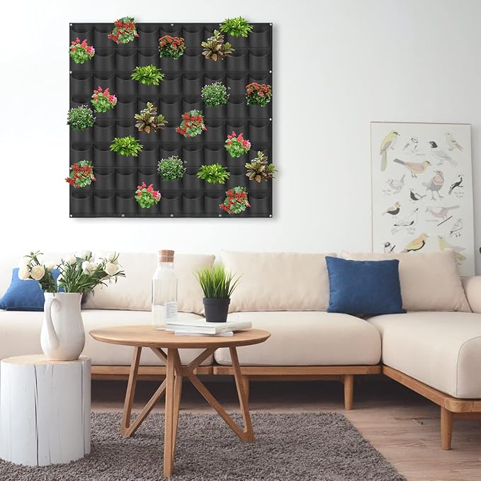 72 Pockets Hanging Planter Bags, Hanging Vertical Wall Mounted Plant Planting Grow Bags, Herb Garden Planter Outdoor Indoor Growing Bag, Gardening Vertical Greening Flower Container(1m×1m, Black)