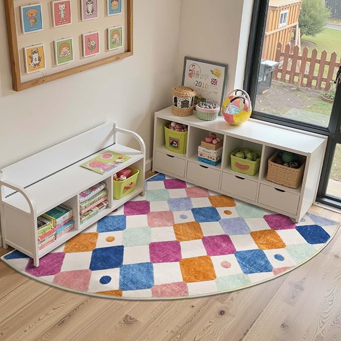 jinchan Kids Rug for Nursery 5ft Radius Corner Washable Area Rug Modern Colorful Quarter Circle Rug Soft Non-Slip Carpet for Bedroom Playroom Daycare Reading Nook Kitchen Classroom Berries on Cream