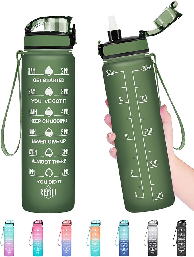 Enerbone Water Bottle, Leakproof BPA & Toxic Free, Motivational Water Bottle with Times to Drink and Straw, Fitness Sports Water Bottle with Strap for Office, Gym, Outdoor Sports