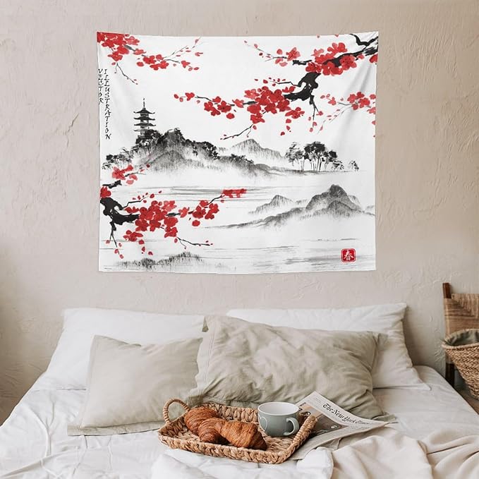 Cherry Blossoms Tapestry, Japanese Fuji Mountain Tapestry, Asian Japanese Wall Tapestry, Nature Landscape Tapestries for Bedroom Living Room Decor 60"x50"