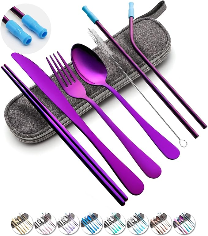 Travel Utensils Set with Case Reusable Portable Cutlery Set Stainless Steel 8pcs Including Dinner Knife Fork Spoon Chopsticks straws (Purple)