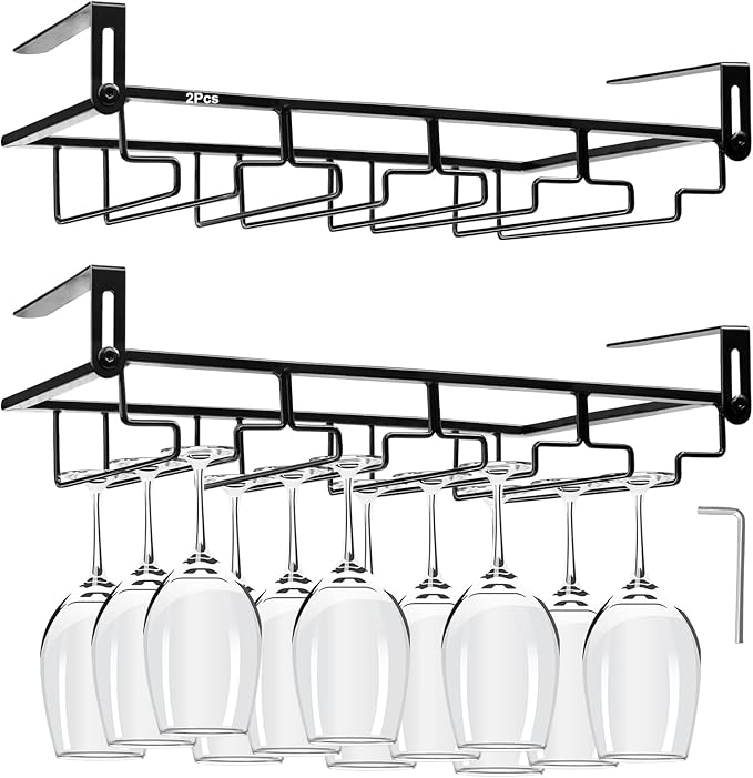 AUHOKY 2Pcs Adjustable Under Cabinet Stemware Metal Glass Holder, Hanging Wine Glass Storage Hanger Organizer for Shelf Kitchen Bar Decor(4 Rows, Black)