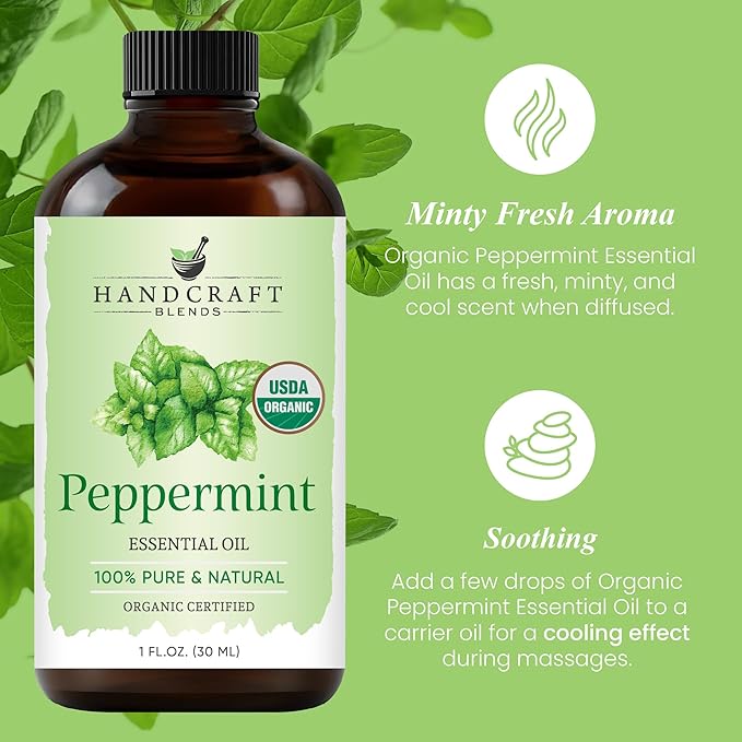 Handcraft Blends Organic Peppermint Essential Oil – 1 Fl Oz – 100% Pure and Natural – Premium Grade Essential Oil for Diffuser and Aromatherapy