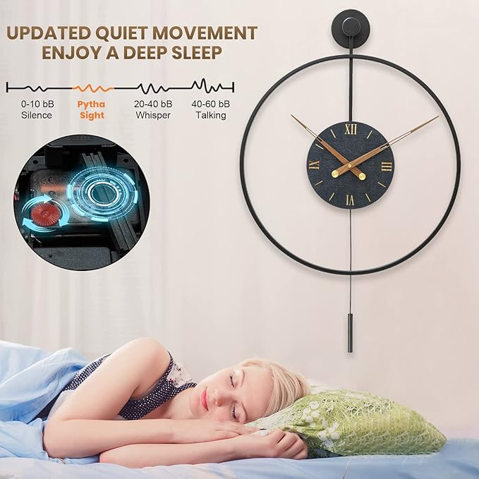 Large Modern Wall Clock,Wall Clocks for Living Room Decor,Classical Metal Minimalist Roman Numeral Dial,Big Decorative Farmhouse Pendulum Wall Clock With Walnut Pointers for Office,Dining Room