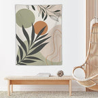 Abstract Bohemian Mid Century Tapestry, Tropical Leaves Modern Geometric Archway Minimalist Bohemian Botanical Aesthetic Wall Hanging, Sage Green Gold Home Decor Art for Bedroom 60x80 Inch