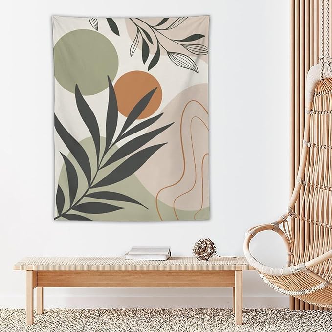 Abstract Bohemian Mid Century Tapestry, Tropical Leaves Modern Geometric Archway Minimalist Bohemian Botanical Aesthetic Wall Hanging, Sage Green Gold Home Decor Art for Bedroom 60x60 Inch