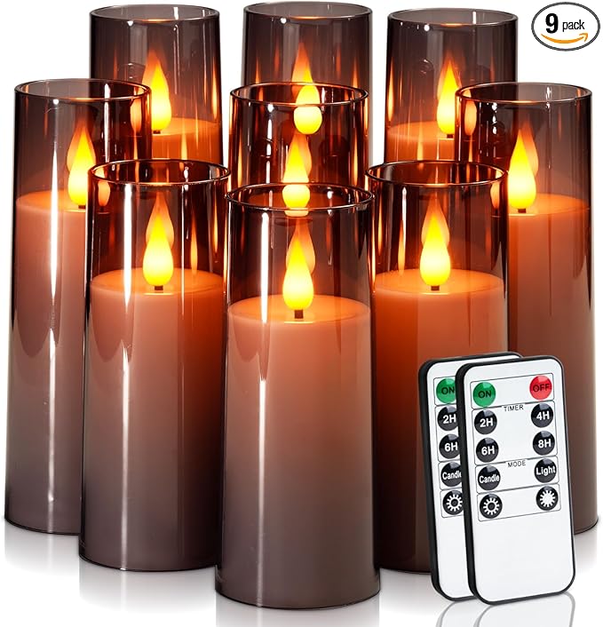Amagic Grey Flameless Candles 9 Set, Battery Operated Candles with Remote Control and Timer, Flickering LED Pillar Candles for Home Halloween Decor, 3D Wick, Warm Yellow Light, D2.2 xH5 6" 7"