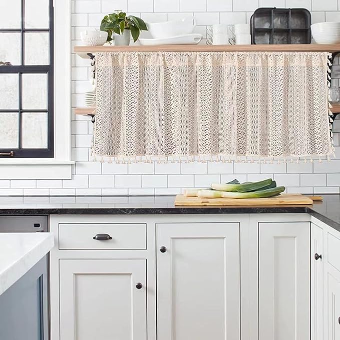 Sutuo Home Boho Sheer Curtain Valance Crochet Lace with Bohemian Hollow Knitted Handmade Tassels, Short Farmhouse Window Treatment for Kitchen Cafe, Rod Pocket, 1 Panel 59" W x 18" L, Beige