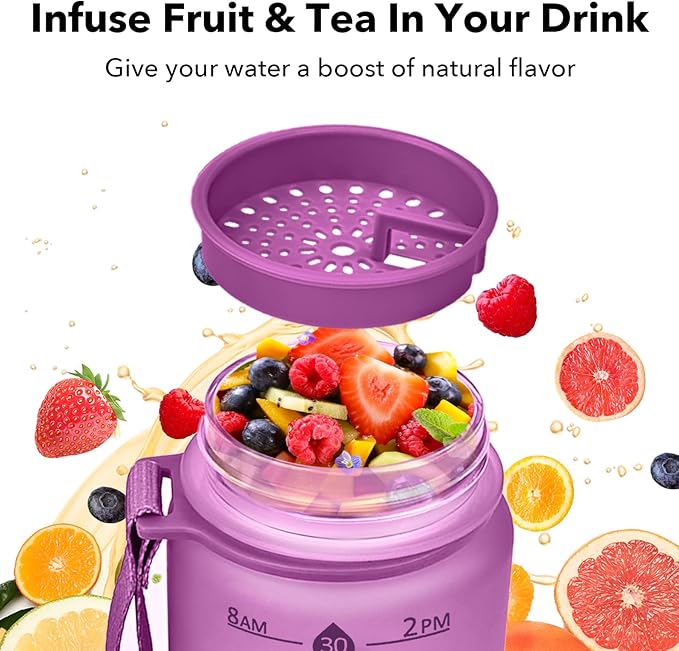 32oz Motivational Water Bottles with Time Marker & Fruit Strainer, Transparent Gradient Color Water Bottle with Times to Drink, Leakproof & BPA Free, Reusable Bottle with Strap (No Straw)