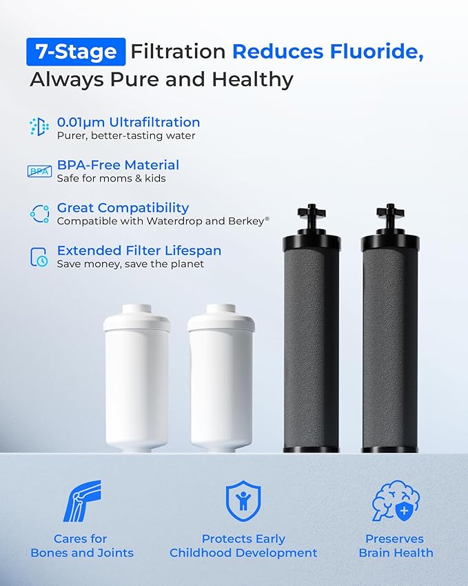 [New Upgraded Ultrafiltration] Waterdrop Black and Fluoride Water Filter, Replacement for Berkey® Black Purification Elements, Berkey® Gravity Water Filter System