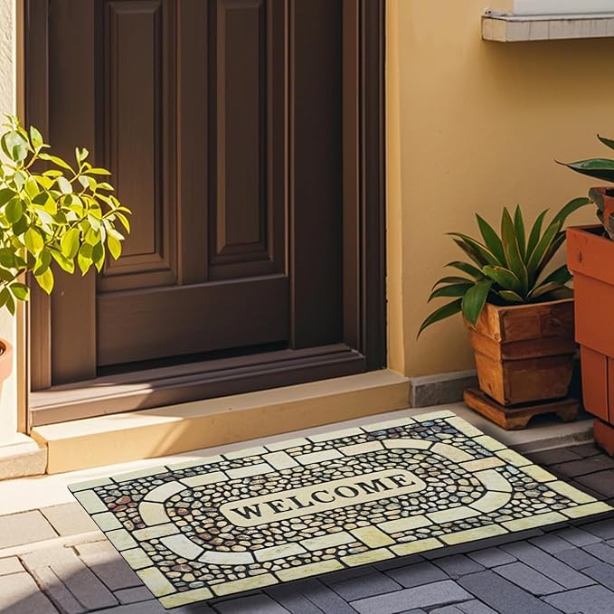 Door Mat Welcome Mat, Heavy Duty Door Mat 23.6 x 35.4 Inch Front Door Mat Rug Doormat for Outdoor Entrance Home Non-Slip Rubber Rug for Front Door, Outside, Entryway, Patio (Yellow Welcome)