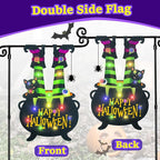 Halloween Lighted Garden Flag for Outside, Led Solar Yard Flag 8 Modes Witch Feet Shape Flag, 12x18 Double Sided Cauldron Eyeball Black Cat Decorations for Home Porch