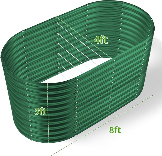 Land Guard 8x4x3ft Oval Galvanized Raised Garden Beds, Large-Capacity Metal Planter Box Outdoor, Durable Deep Raised Garden Bed 3ft Tall, Raised Beds for Gardening Vegetables, Forest Green