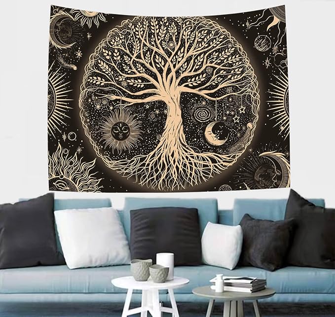 FORATER Tree of Life Tapestry Wall Hanging Sun Moon Stars Tapestries Aesthetic Galaxy Wall Tapestry Nature Home Decoration for Living Room Bedroom(36 x 48 Inch, Black and Gold)