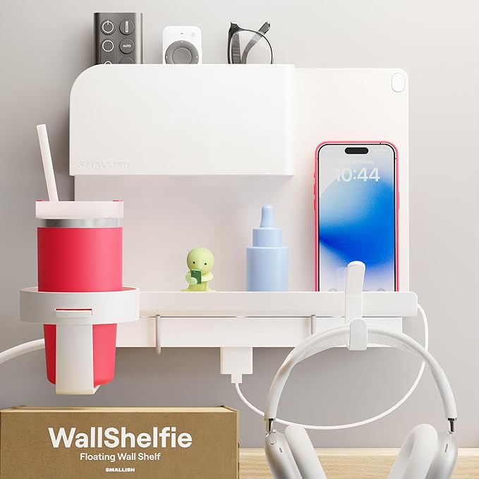 WallShelfie Bedside Wall Organizer - Room Decor, Dorm Room Essential, Floating Bedside Shelf Wall Mount, Makeup Organizer, Remote Control Holder, Room Accessories, Floating Shelves (White)