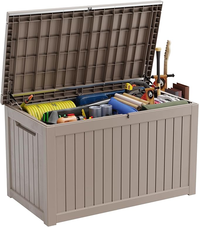 Vixzen 230 Gallon Resin Deck Box, Lockable Outdoor Storage Box for Patio Cushions Storage Furniture,Garden Tools, Pool Supplies, Weatherproof and UV Resistant- Grey