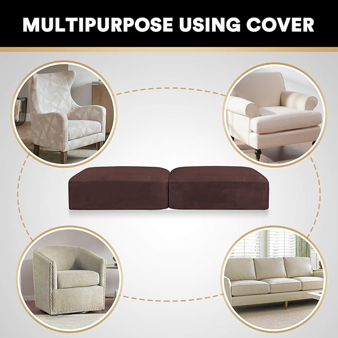 PrinceDeco Brown Furniture Cover, 2 Pcs Velvet Stretch Sofa Cushion Covers for Individual Cushions, Pet Friendly, Stay in Place, Machine Washable