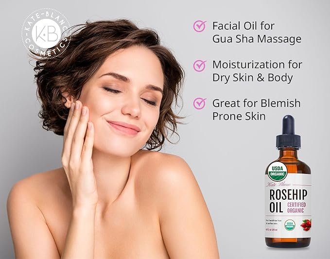 Kate Blanc Cosmetics Rosehip Oil for Face & Skin (4oz, Organic, Pure, Cold Pressed) Rosehip Seed Face Oil for Facial & Gua Sha Massage