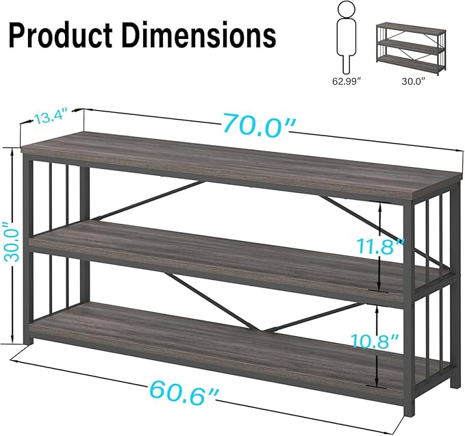 LVB 3-Tier Rustic Console Table, Extra Long Entryway Table with Storage, Industrial Skinny Wood Metal Sofa Table with Shelf, Modern Narrow Hallway Table for Foyer Living Room Bedroom, Dark Gray, 70 In