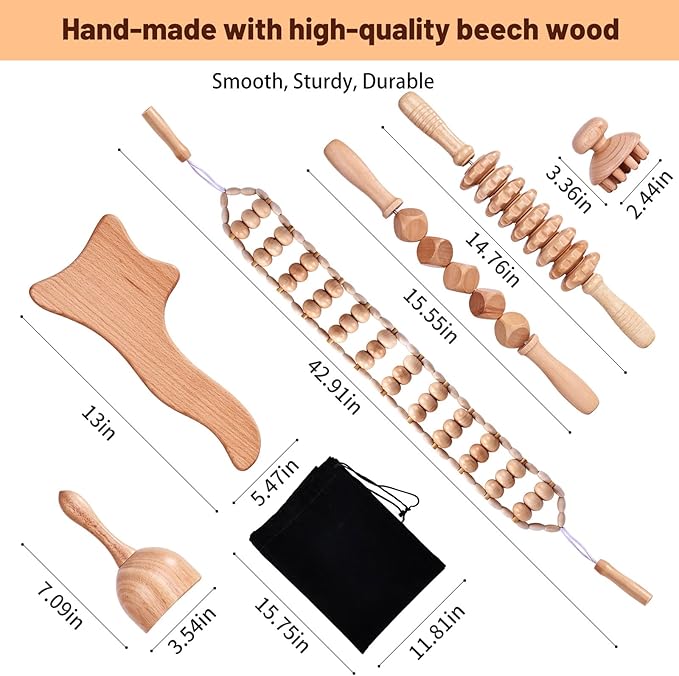 6 Pcs Wood Therapy Massage Tools, Meifuly Professional Complete Maderotherapia Wooden Massager Kit for Body Shaping, Lymphatic Drainage, Muscle Pain Relief, Anti-Cellulite (with Storage Bag)