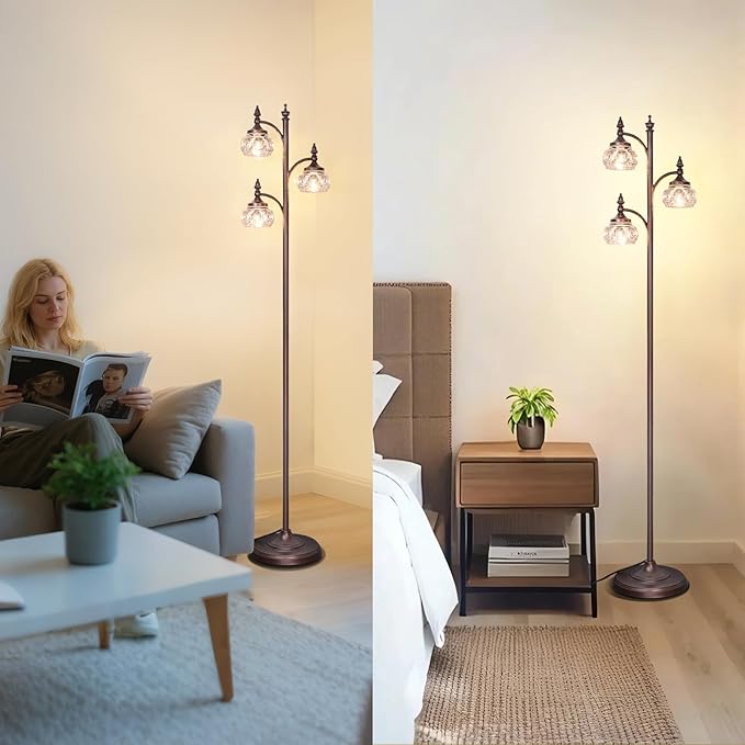 Brown Tree Floor Lamps for Living Room 66.5'' Standing Lamp with 3 Rotatable Lights Glass Shade Modern Lamp for Living Room Bedroom Office(3LED Bulbs Included)