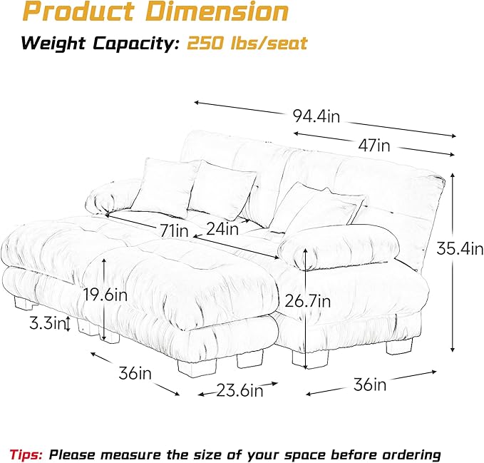 Loveseat Modular Sectional Sofa, U Shaped Couch with Ottoman, Cloud Couch Sectional Couch Home Sofa Living Room Oversized Couch Deep Seat Couch with Round Bolster Armrests 4 Pillows
