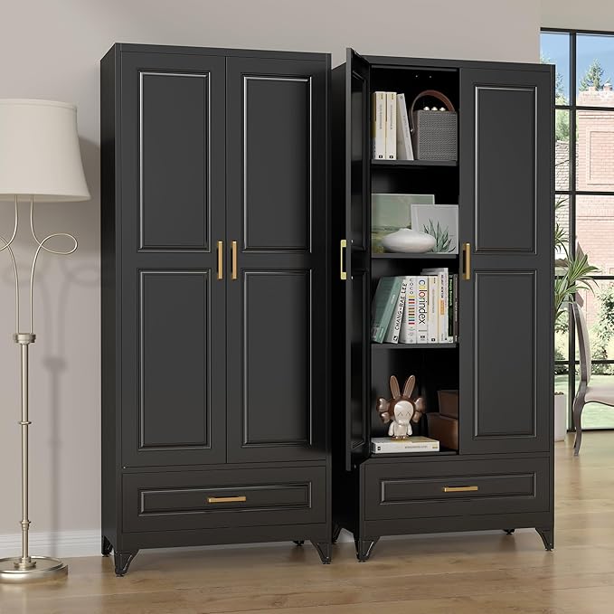 75" Kitchen Pantry Cabinet with Drawer, Metal Storage Cabinets with Doors and 4 Adjustable Shelves,Black Kitchen Cabinet with 2 Gold Handles,Food Cupboard for Livingroom,Pantry