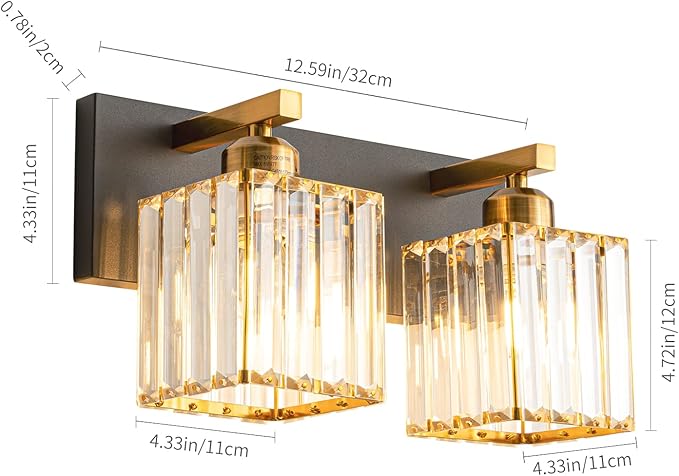 Modern Bathroom Vanity Light 2-Lights Black Gold Crystal Bathroom Wall Light Vanity Light Fixtures，12.59-inch Modern Minimalist Design
