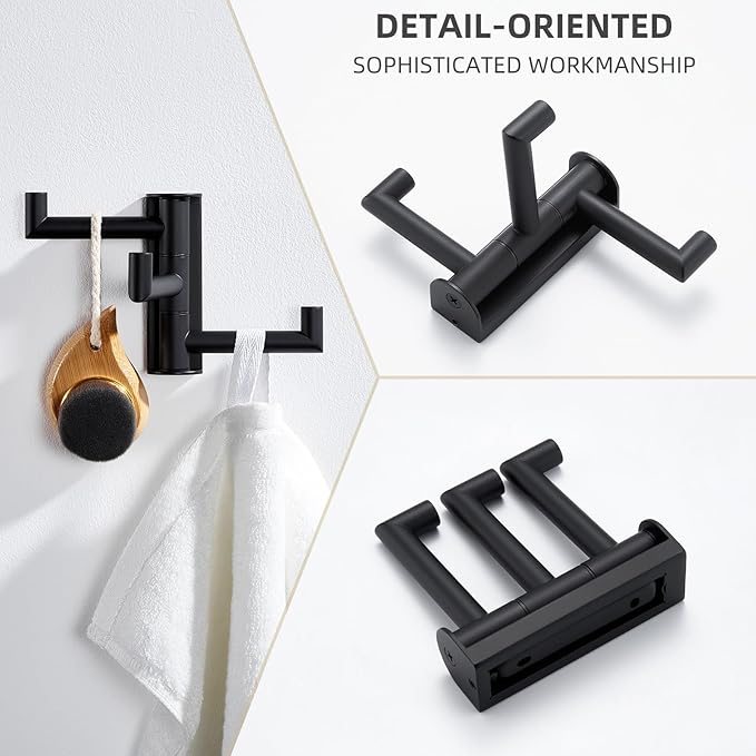 Angle Simple Swivel Towel Hook 3 Arms, SUS 304 Stainless Steel Foldable Bathroom Robe Towel Hook, Wall Coat Holder, Matte Black