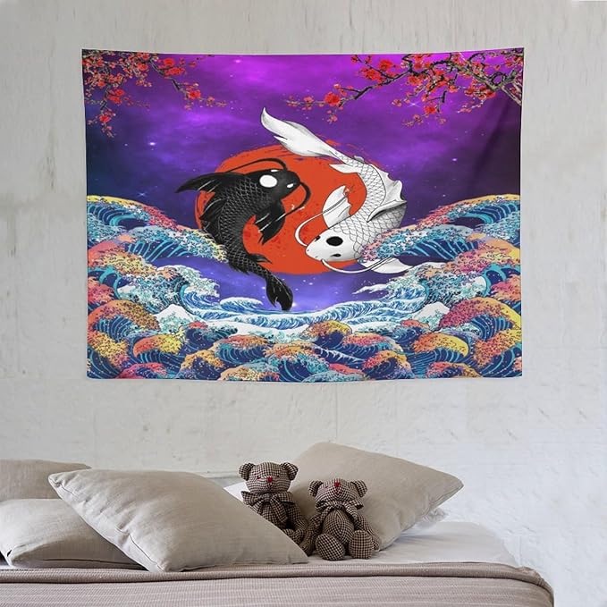 Houselerax Japanese Koi Fish Tapestry, Yin Yang Big Wave Cherry Blossom Tapestries Wall Hanging for Bedroom Living Room Office Decor 40"x30"