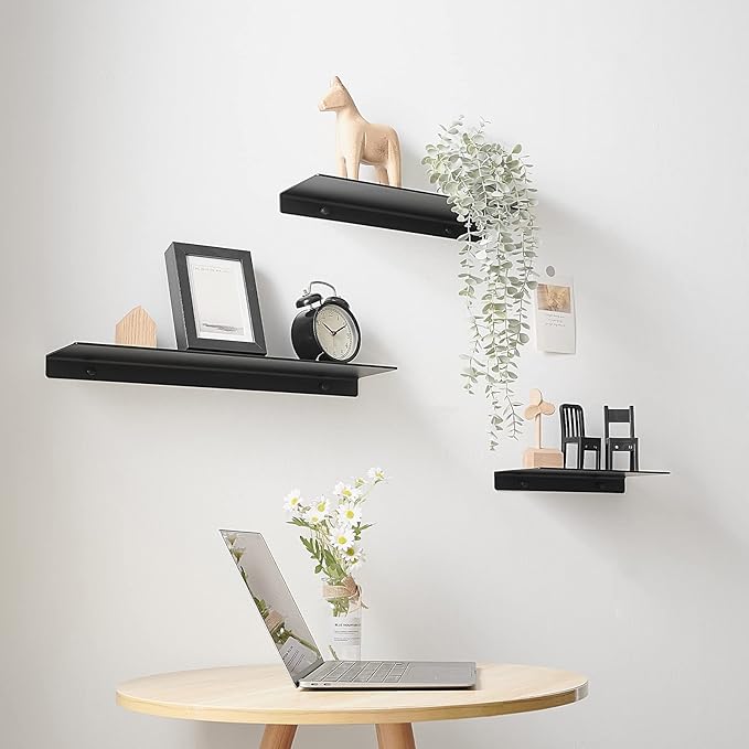 JOOM Black Floating Shelves for Wall Storage, Metal Wall Shelves for Living Room, Bathroom, Kitchen, 16” Display Shelves for Collectibles(2 PCS)