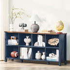 8 Cube Book Shelf, Farmhouse Wood Long Storage Organizer Bookcase, 62" Horizontal Navy Blue Console Closet Bookshelf, Hallway TV Stand for Entryway, Display Cabinet Book Case for Living Room