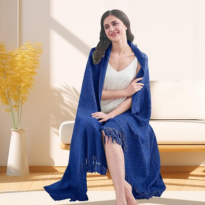 inhand Knit Klein Blue Throw Blanket for Couch, Soft Living Room Home Decor Knitted Twin Size Blanket, Outdoor Lightweight Breathable Summer Blanket, Farmhouse Warm Woven Decorative, 60"x80"