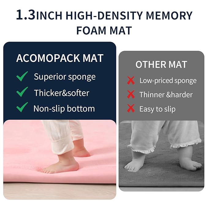 ACOMOPACK Baby Play Mat for Floor 1.3" Thick Memory Foam 50x50 Soft Velvet Playpen Mat for Kids,Infants,Toddlers,Tummy Time Crawling Mats with Non-Slip Bottom,Yoga,Tatami,Nursery Rug（Pink）