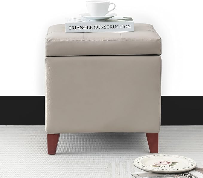 Adeco 18" PU Storage Ottoman, Upholstered Square Faux Leather Foot Rest - Flip Top Footstool with Sturdy Wood Legs, Small Cube Coffee Table Extra Seat for Living Room, Bedroom, Elephant Grey