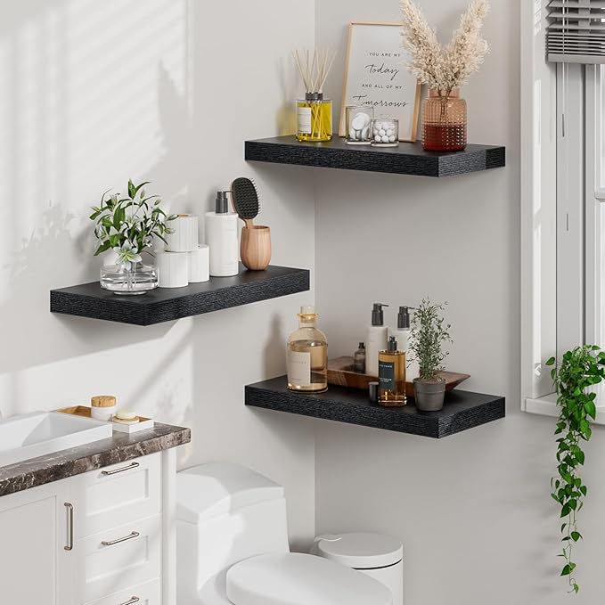 Heimlove 12" Deep Black Floating Shelves for Wall, 24 Inch Wall Shelf Bathroom Shelves Set of 2, Wall Mounted Shelves for Books Living Room Laundry Room Bedroom Kitchen Home Office