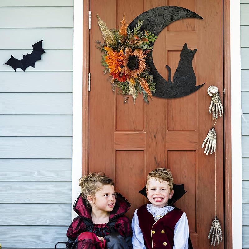 Halloween Wreaths for Front Door, Black Cat on Moon Garland with Rose Wreath Decor, Halloween Decorations Crescent Moon Wreath for Home Party Window Wall Indoor Outdoor (orange flower)