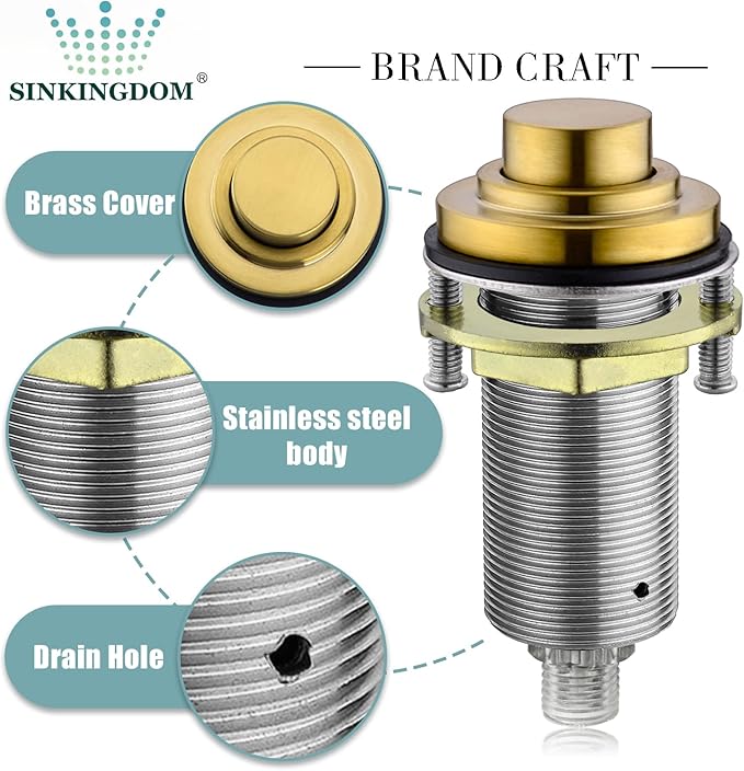 SinkTop Air Switch Kit with Brass Gold Long Button (Full Brass) for Garbage Disposal