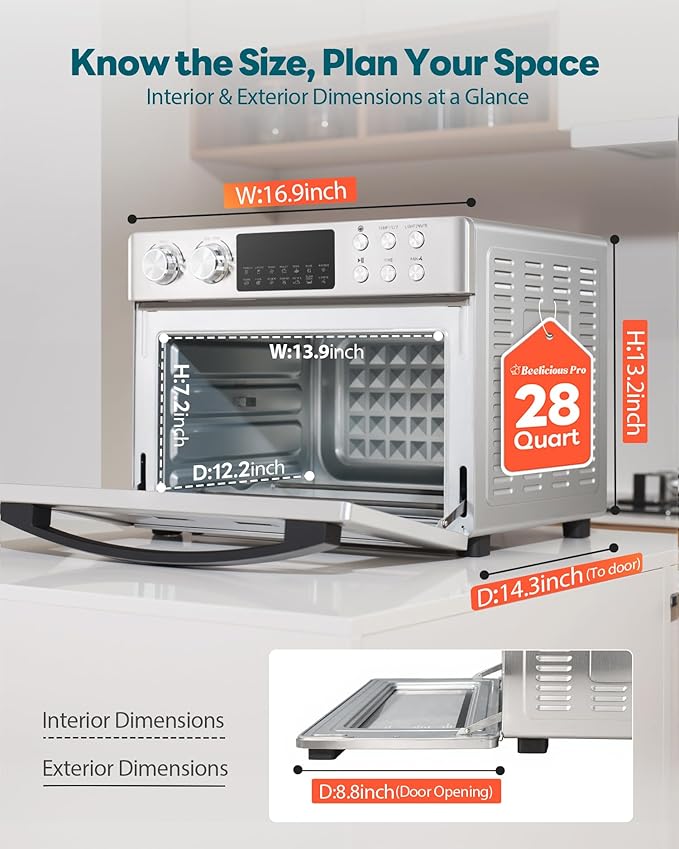28QT Air Fryer Toaster Oven Combo, Large 12-in-1 Convection Countertop Oven with Next-Gen HeatWave Convection, 3-Layer Cooking, Rotisserie for Chicken, Fits 11" Pizza, Full Accessorie, Stainless Steel