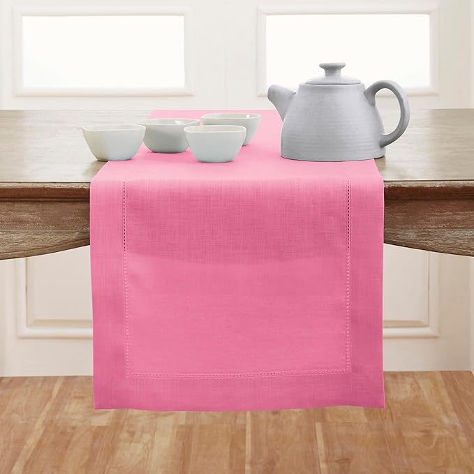 Solino Home Linen Table Runner 36 Inches - 100% Pure Linen Flamingo Pink Hemstitch Table Runner 14 x 36 Inch Ideal for Dresser and Coffee Tables - Halloween - Classic Hemstitch