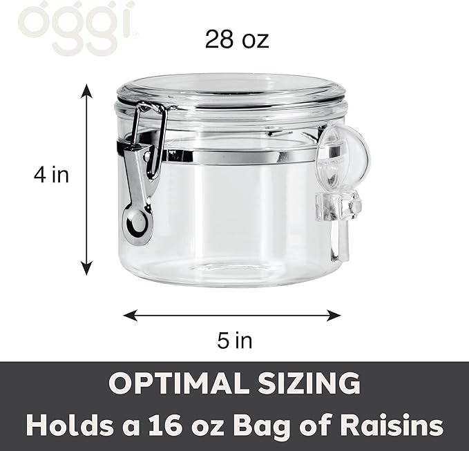 OGGI Clear Canister Airtight 28oz - Clamp Lid & Spoon - Airtight Food Storage Containers, Ideal for Kitchen & Pantry Storage of Bulk, Dry Food Including Flour, Sugar, Coffee, Rice, Tea, Spices & Herbs
