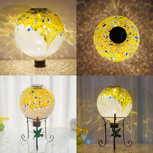 10" Diameter Solar Gazing Ball and 8.5" Metal Stand Indoor Outdoor Yard Art Ornament Coloful Spot Glass Globe Sphere Solar Gazing Balls for Garden,Lawn,Porch,Patio Birthday Gifts for Women,Mom