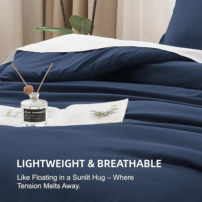 Litanika Navy Blue Comforters Oversized Queen Size, 3 Pieces Lightweight Solid Bedding Comforter Set, All Season Fluffy Bed Set (98x98In Comforter & 2 Pillowcases)