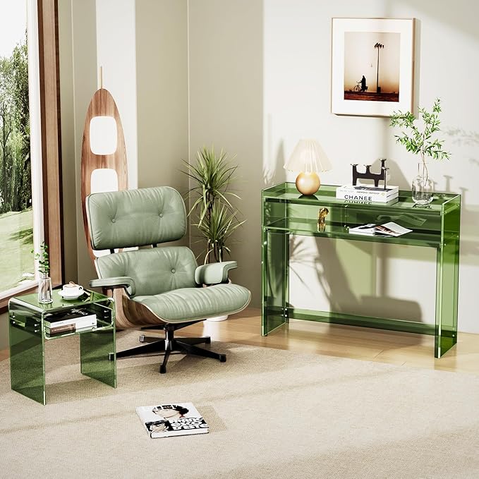 Acrylic Console Table, Entryway Table with Storage Shelves (Green)