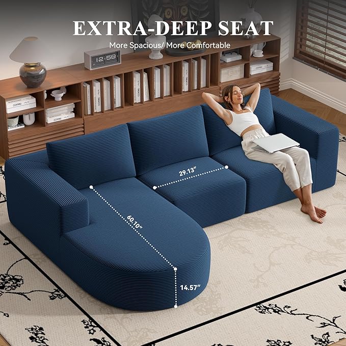 Modular Sectional Sofa with L-Shape Chaise,Cloud Sectional Modern Sleeper Couch with Deep Seat,Sponge Compression Sofas No Assembly Required (Blue-Corduroy Fabric) 1PCS