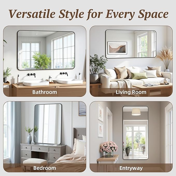 Bathroom Mirror 48" x 30", Large Rectangle Wall Mirror, Black Metal Frame Wall Mounted Mirrors for Bathroom, Vanity, Bedroom, Entryway Decor(Horizontal/Vertical)