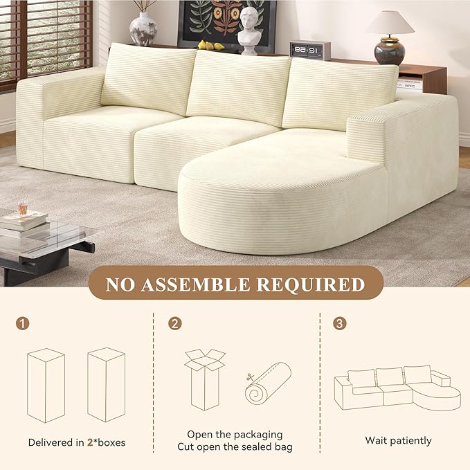 Modular Sectional Sofa with L-Shape Chaise,Cloud Sectional Modern Sleeper Couch with Deep Seat,Sponge Compression Sofas No Assembly Required(Beige-Corduroy Fabric) 1PCS