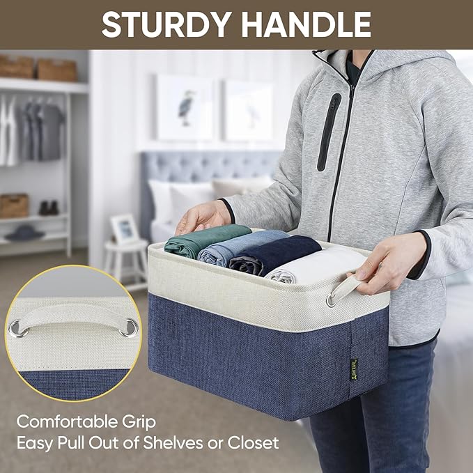 BALEINE 4 Pack Fabric Storage Bins for Shelves, Linen Storage Baskets for Organizing, Decorative Closet Bins for Clothes, Home (Navy Blue, 15"x11"x9.5")