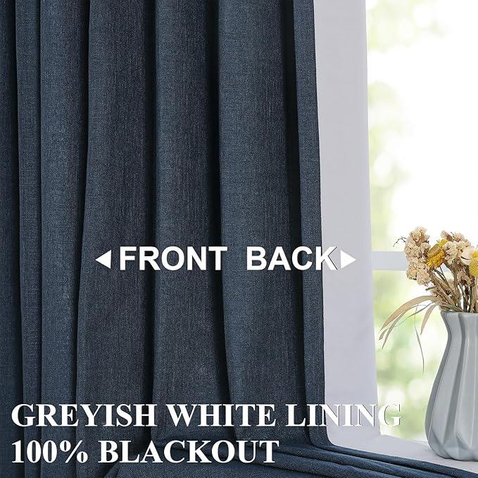 Vision Home Navy Blue Pinch Pleated Full Blackout Curtains Linen Blended Room Darkening Curtain Panels 90 inch for Living Room Bedroom Thermal Insulated Pinch Pleat Drapes with Hooks 40" Wx90 Lx2